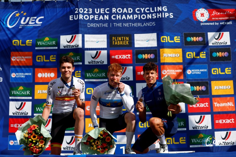 2023 UEC Road European Championships - Drenthe - Under 23 Men's Road Race - Coevorden - Col Du VAM 108 km - 22/09/2023 - Henrik Pedersen (Denmark) - Ivan Romeo (Spain) - Paul Magnier (France) - photo Luca Bettini/SprintCyclingAgency?2023